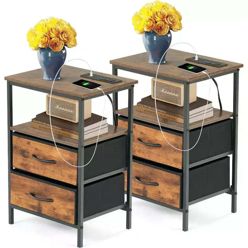 FurnitureR 2-Piece Nightstand Set with 2 Drawers, Industrial Bedside Tables with Open Shelf and Storage Bins, Rustic Brown