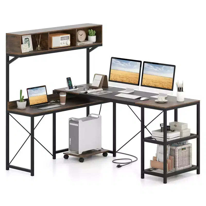 Costway L-Shaped Computer Desk with Power Outlets, 62 Corner Desk with Storage Hutch