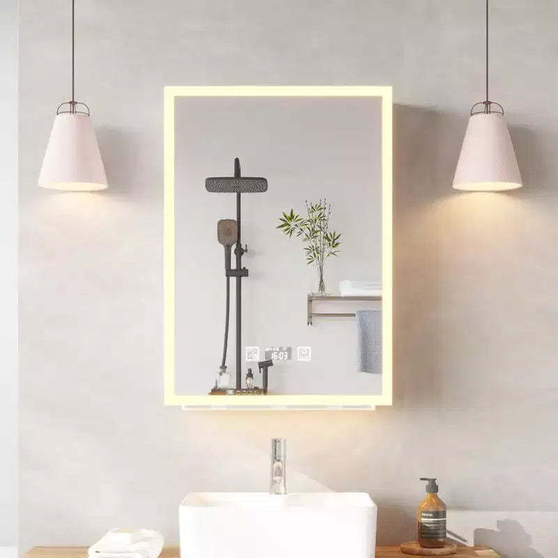 Karl Home White LED Mirror Cabinet Acrylic Frame with Time & Temperature Display Three-color Lighting, 2 Plugs & 2 USB