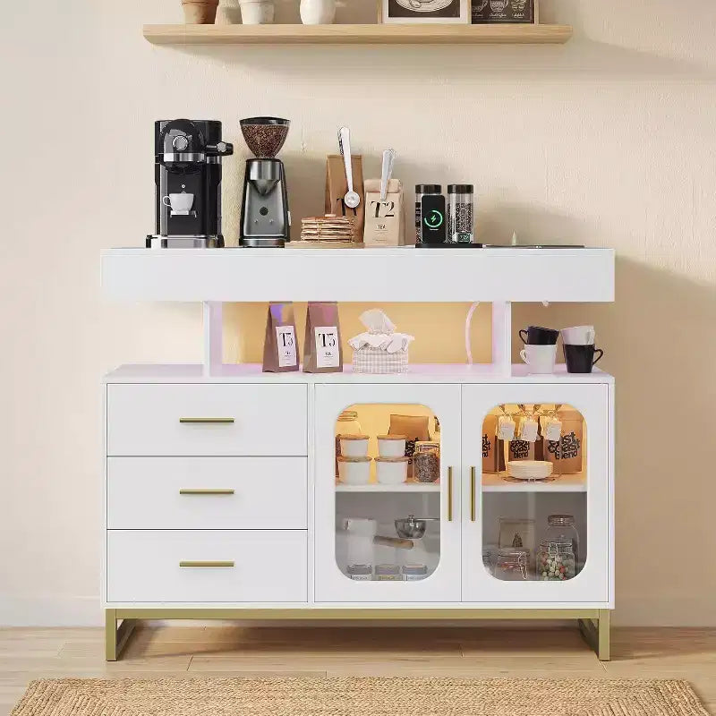 Modern Sideboard with Auto-Sensor RGB LED Lights & Charging Station, 40 Buffet Cabinet Coffee Bar Table with 3 Drawers & 2 Doors