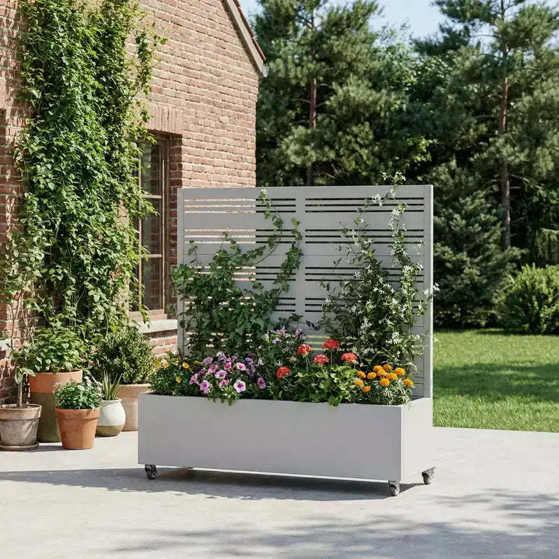 MAYEERTY Gray Wrought Iron Planter with Trellis (Harold B Louvered), 47x47x16, 3-Piece Outdoor Garden Decor
