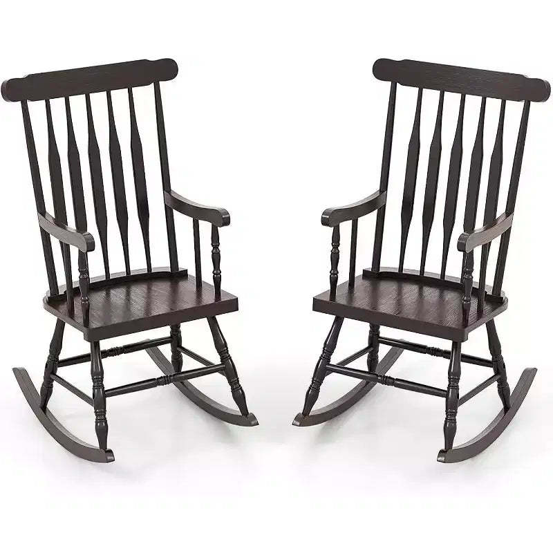 Gymax 2PC Durable Solid Wood Rocking Chair with Glossy Finish Suitable for Both Indoor and Outdoor Use on Porches