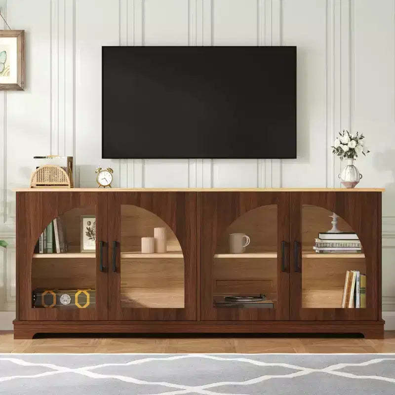 JVNOXK Farmhouse-style TV console with semi-arched glass doors, accommodates TVs up to 70 inches. Wood-grain sideboard with adjustable shelves, Walnut