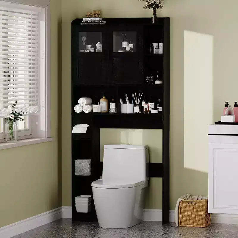 Adjustable Over Toilet Bathroom Storage Cabinet, Glass Door & Sliding Barn Doors, Above Toilet Storage with Anti-Tip Kit for Laundry Room, Bathroom