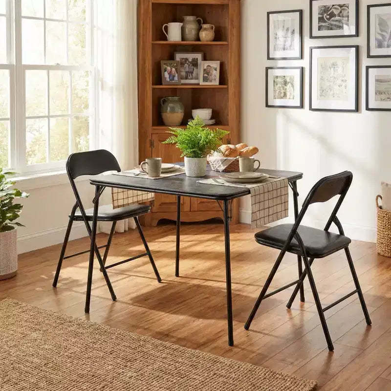 FurnitureR 3-Piece Folding Dining Table Set with 2 Padded Chairs, Space-Saving Kitchen Table for Small Apartment, Metal Frame Breakfast Nook Set