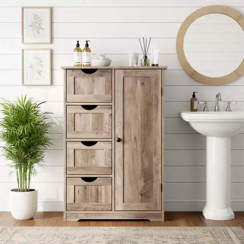 Washed Gray Bathroom Storage Cabinet with 4 Drawers and 1 Door