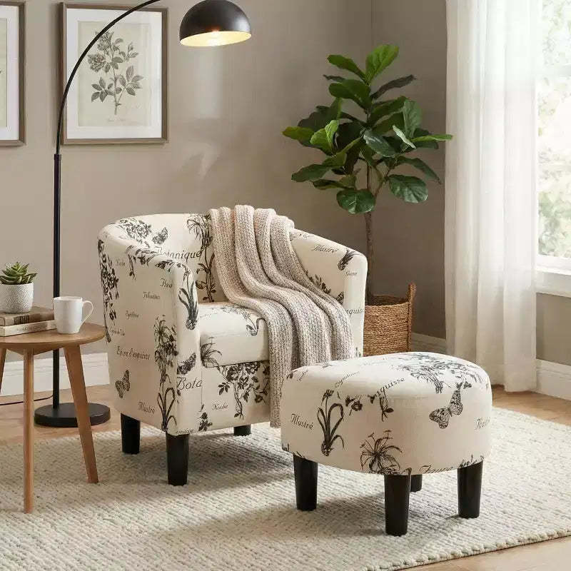 GDFStudio Everett Vintage Script Pattern Fabric Upholstered Barrel Back Accent Lounge Chair with Ottoman