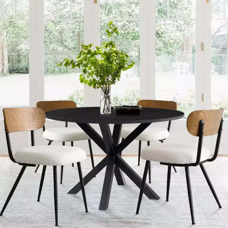 5-Piece Round Dining Table Set, 40 Black Wood Table and Upholstered Boucle Chairs with Ash Backs for Dining Room - Panipeachy