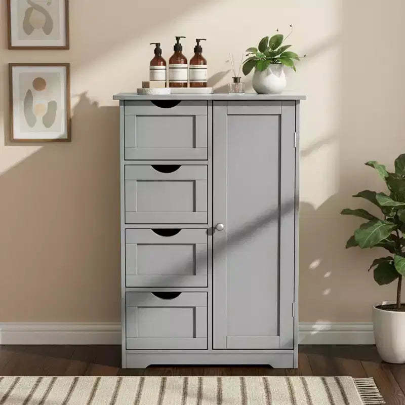 Gray Bathroom Storage Cabinet with 4 Drawers and 1 Door