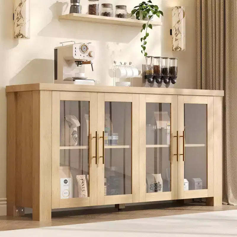 Buffet Cabinet with Storage, 59 Sideboard Credenza with Tempered Glass Doors, Wood Buffet Table for Living Room, Dining Room, Kitchen