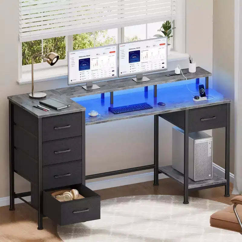 47 Inch Grey Computer Desk with Charging Station Reversible Gaming Desk LED Lights 5 Fabric Drawers Monitor Stand Home Office Writing Table