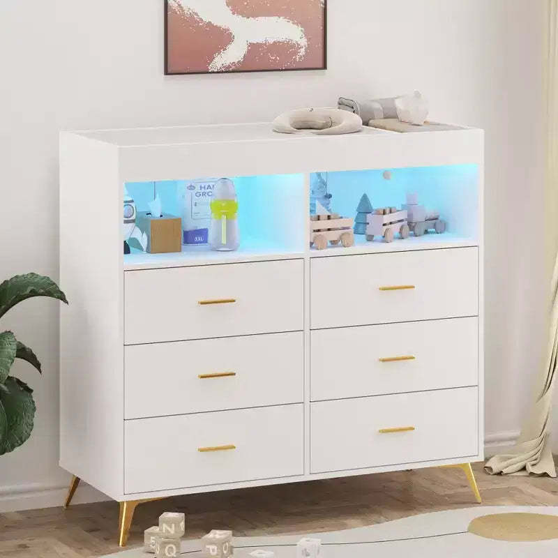 6-Drawer Convertible Baby Dresser with Changing Top & Pad  Modern Nursery Dresser for Infant Essentials, Tech-Ready Design