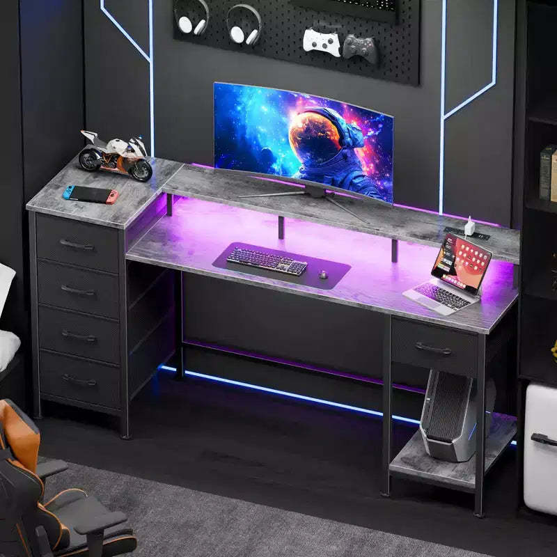 55 Inch Grey Computer Desk with Charging Station Reversible Gaming Desk LED Lights Fabric Drawers Home Office Writing Table Bedroom Study Storage