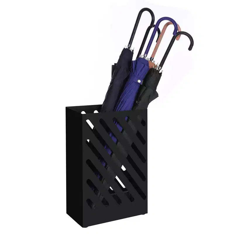 SONGMICS Metal Umbrella Stand, Rectangular Umbrella Holder Rack, with a Removable Drip Tray, 4 Hooks, Hollow-Out Design, for Entryway, Office, Black