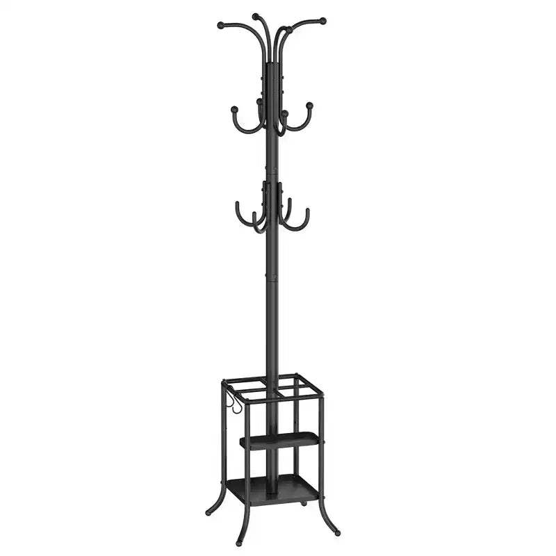 SONGMICS Coat Rack Freestanding with Umbrella Holder, Metal Coat Rack Stand with 12 Hooks, for Entryway, Hallway, Living Room, Bedroom, Ink Black
