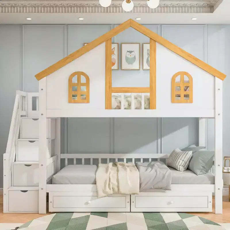Polibi Full/Twin Bunk Bed with Roof, Windows, Drawers & Staircase
