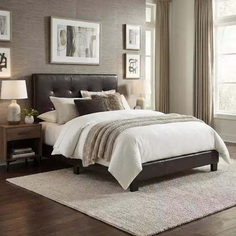 GDFStudio Carter Contemporary Faux Leather Upholstered Platform Bed Frame with Adjustable Headboard