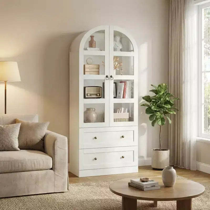 72 Tall Modern Farmhouse Arched Kitchen Pantry Cabinet, Freestanding Wood Storage Cupboard with Glass Doors and Drawers for Dining & Living Room