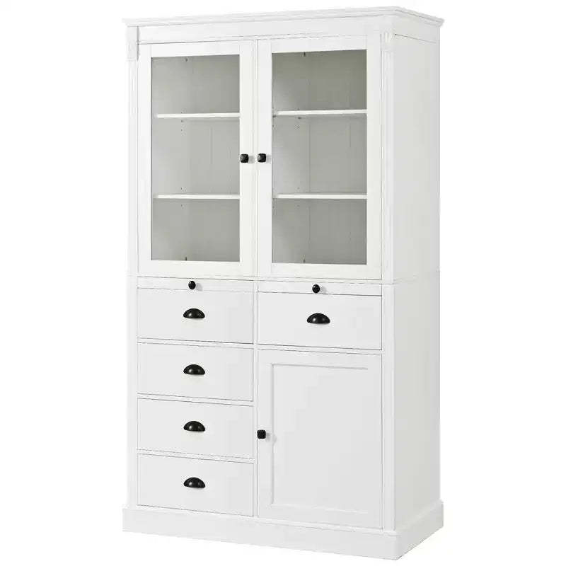 Whisen 72''H Freestanding Kitchen Pantry, Large Display Storage Cupboard Sideboards, Coffee Bar Cabinet With Glass Doors, Drawers - White