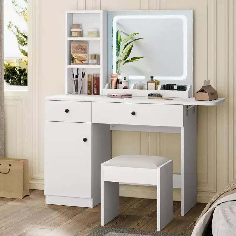 Makeup Vanity Desk with Mirror and Lights, Vanity Desk Set with Outlet & Drawers & Open Shelf & Storage Cabinet, Vanity Table Set for Bedroom