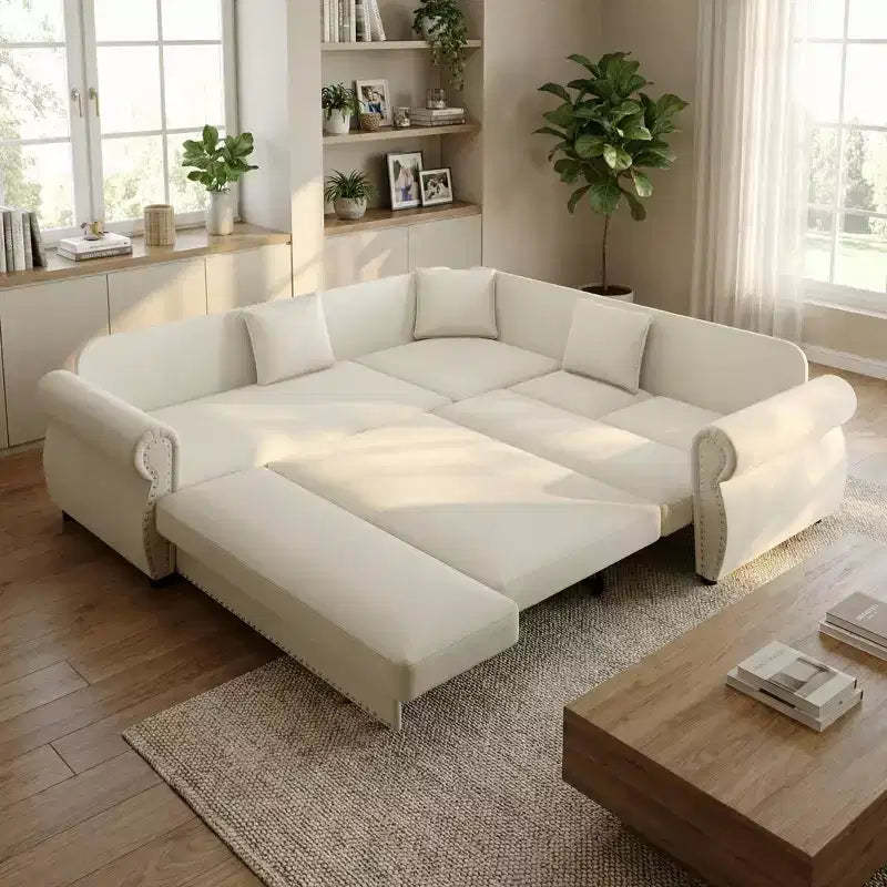 Homy Casa 88 L-Shaped Sleeper Sofa with Pull-Out Bed, Chenille Upholstery, 5-Seat, Beige