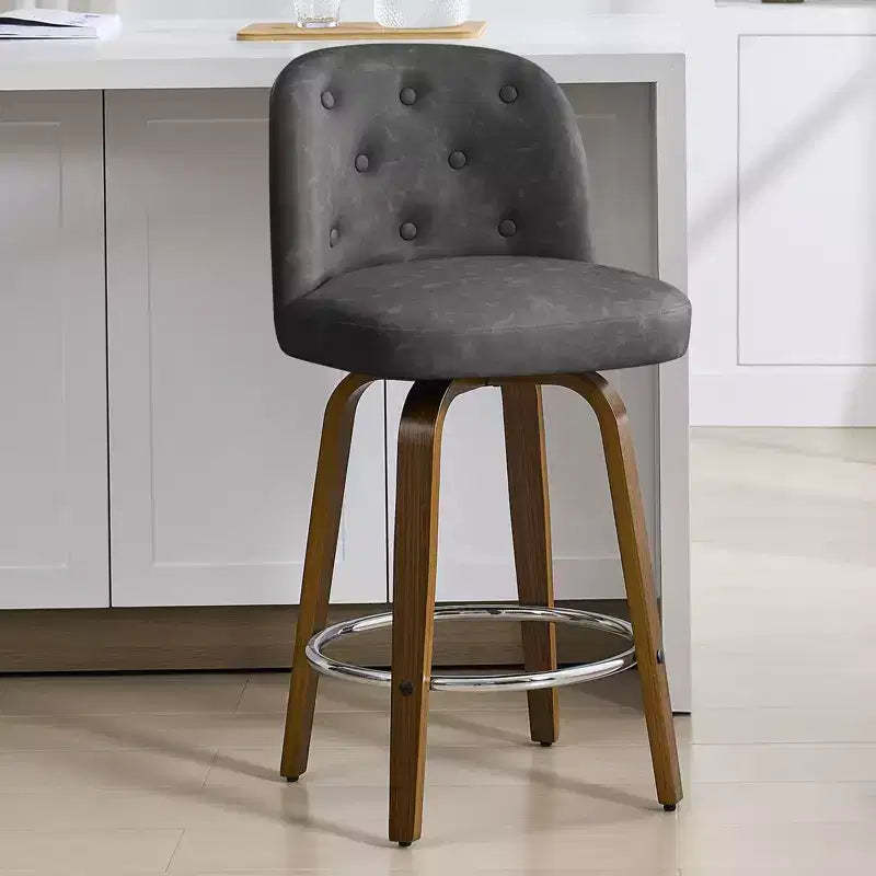 Bekrvio 29 Swivel Upholstered Bar Stools, Leather Cushion Seat & Button-tufted Back Design with Bentwood Legs, Dark Grey