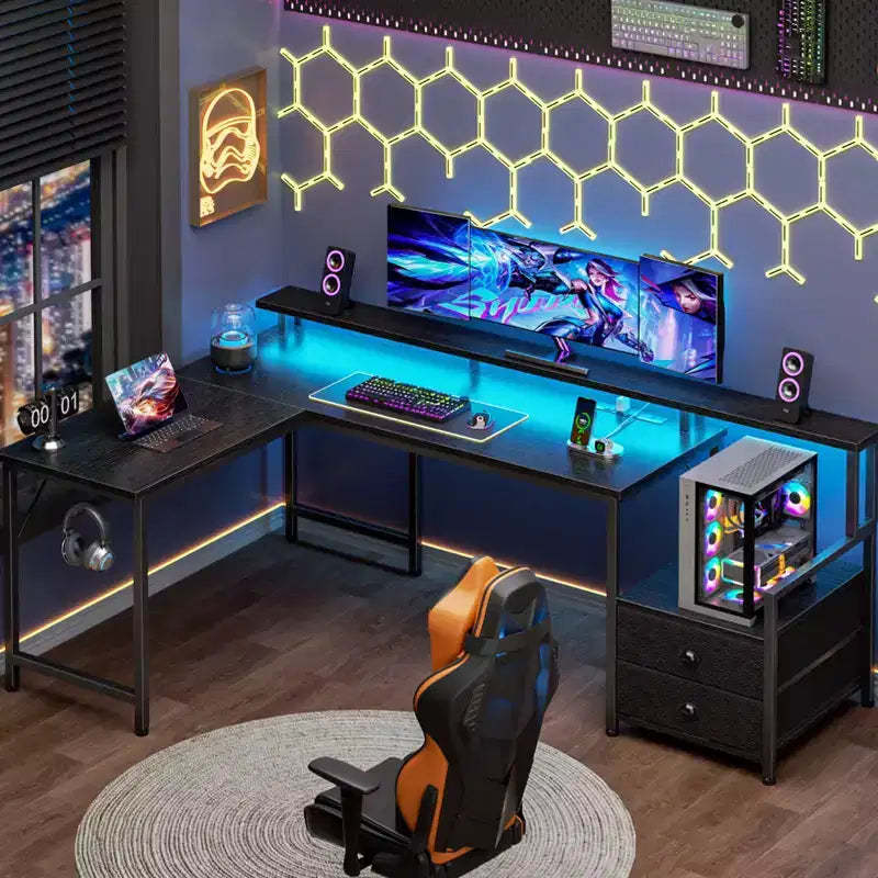 Qwatto 66 Inch Black L Shaped Computer Desk with Charging Station Reversible Gaming Desk LED Lights 2 Drawers Monitor Stand Storage Home Office