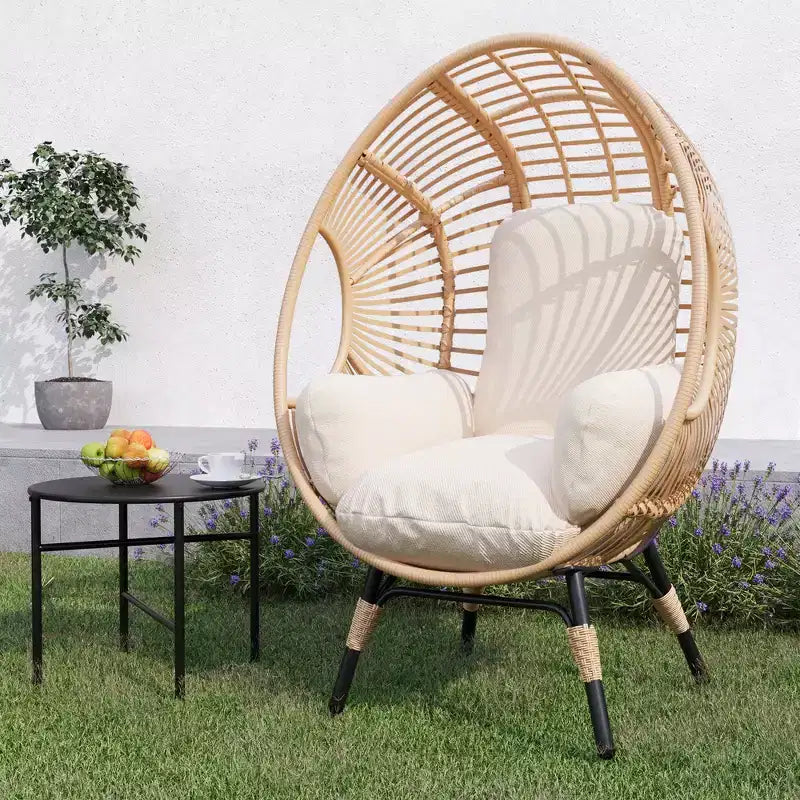 Whisen Outdoor Arc Back Weaving Hanging Egg Chair, Elegant Curved Armchair Patio PE Rattan Swing Chair with Beige Cushion - Natural