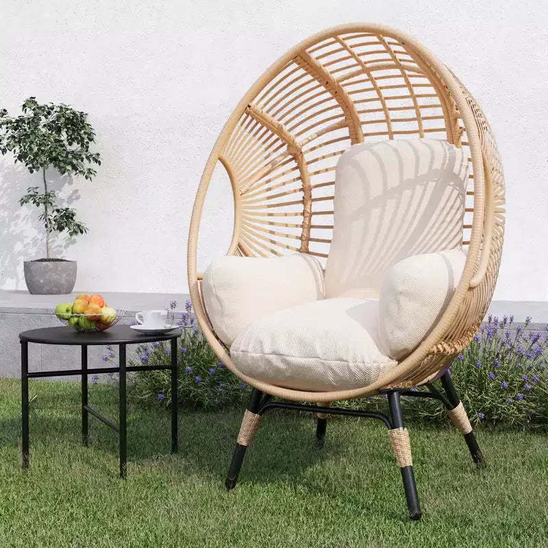 Whisen Outdoor Arc Back Weaving Hanging Egg Chair, Elegant Curved Armchair Patio PE Rattan Swing Chair with Beige Cushion - Natural