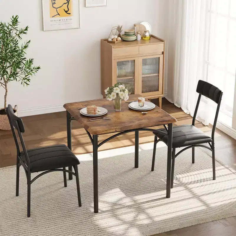 Dining Table Set for 2, 3 Piece Kitchen Table and Chairs Set Square Dining Table, Space Saving Dining Room Furniture, Rustic Brown