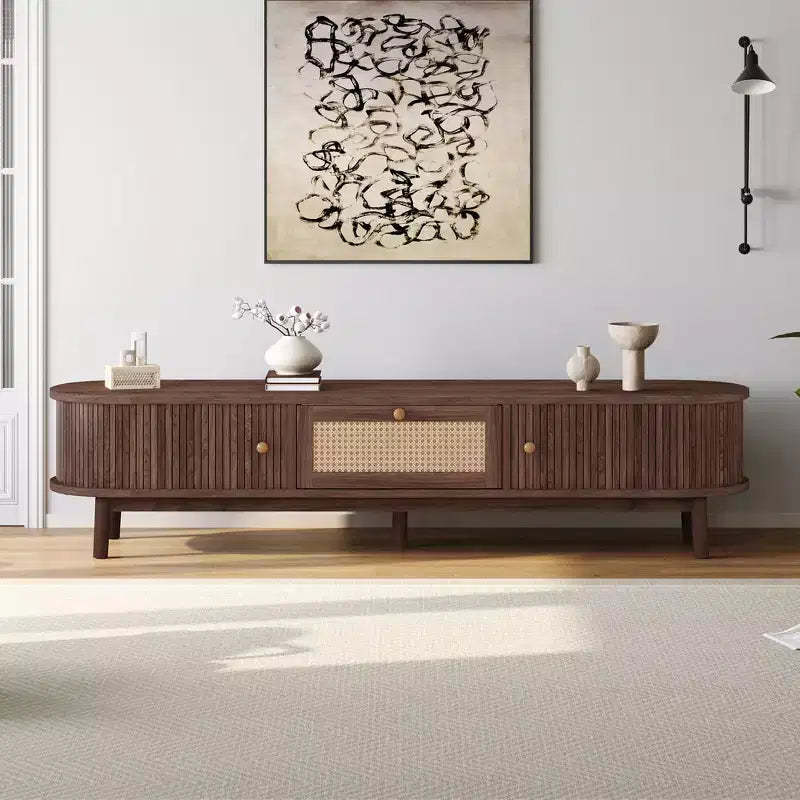 GDStudio Jalen Modern TV Stand with Rattan-Front Drawer and 2 Sliding-Door Cabinets