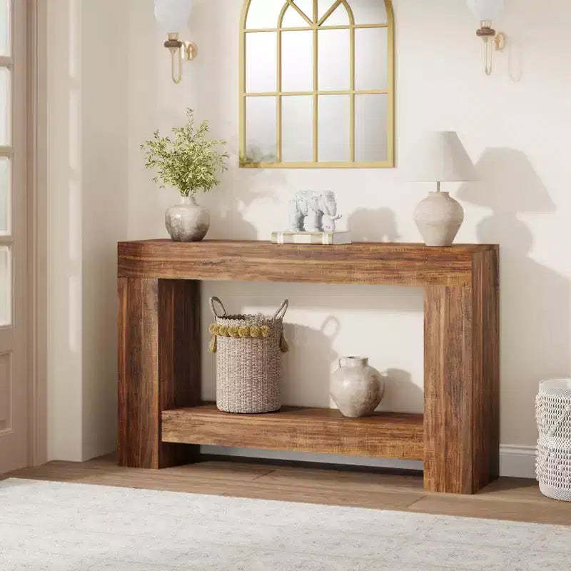 Farmhouse 2-Tier Wooden Console Table with Storage Shelf, Long Entryway Sofa Accent Table for Living Room, Hallway & Behind Couch