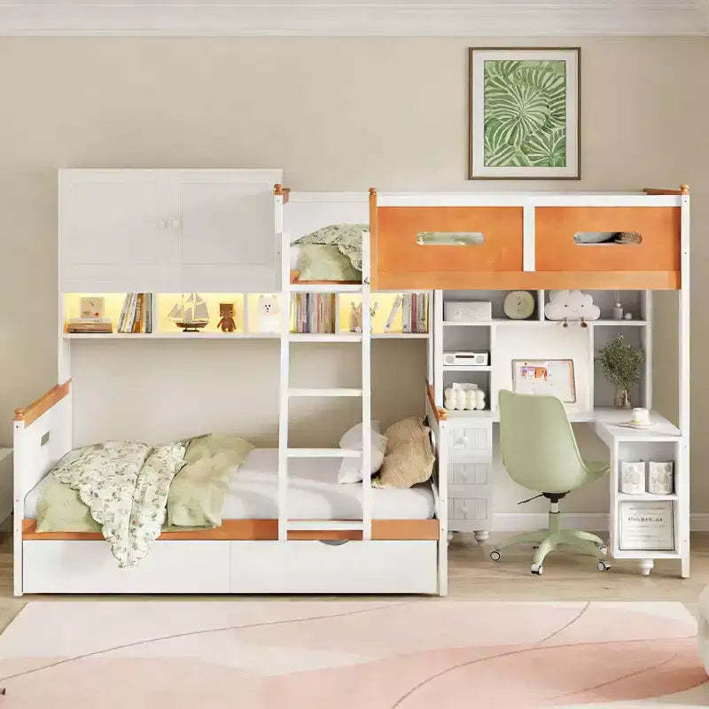 Luxystar Twin Over Full Storage Bunk Bed With Desk, Drawers, Lighted Bookcase and Cabinet, White+Orange