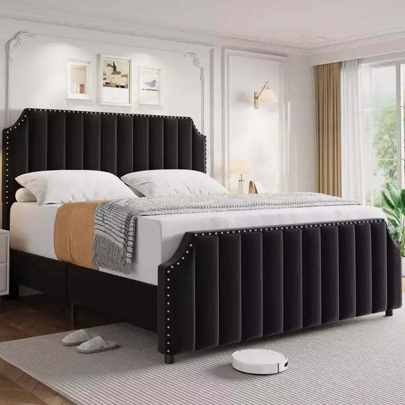 Queen-size platform bed frame, velvet upholstered frame, vertical quilting, adorned with rivets, no spring mattress required, grey.