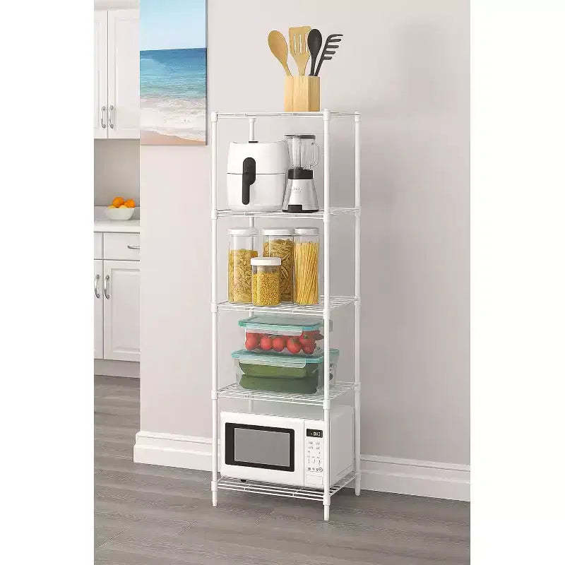 5-Tier Slim Metal Wire Shelving Unit, Adjustable Standing Rack with Leveling Feet for Pantry Kitchen Laundry, White 13.78D x 17.72W x 55.12H