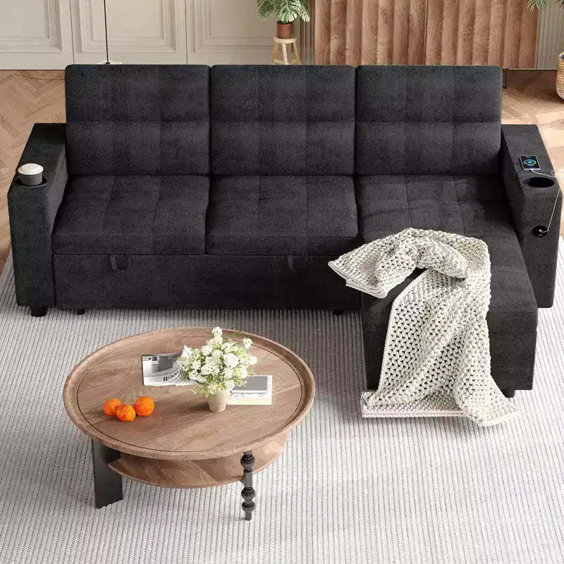 84 L-Shaped Sectional Sofa Bed - Reversible Storage Chaise with USB Ports & Cup Holders - Black