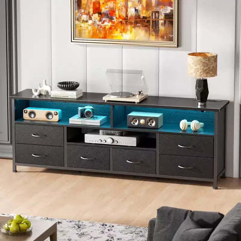Qwatto 55 Inch Black TV Stand Dresser with Charging Station LED Lights 6 Fabric Drawers Entertainment Center for TVs up to 60 Inch Media Console