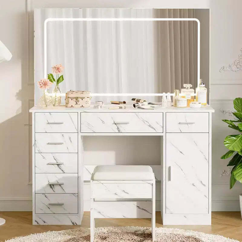 Modern Makeup Vanity Desk with 7 Drawers, Large Mirror, Adjustable 3 Modes, Hair Dryer Holder, Bedroom Dressing Table Set