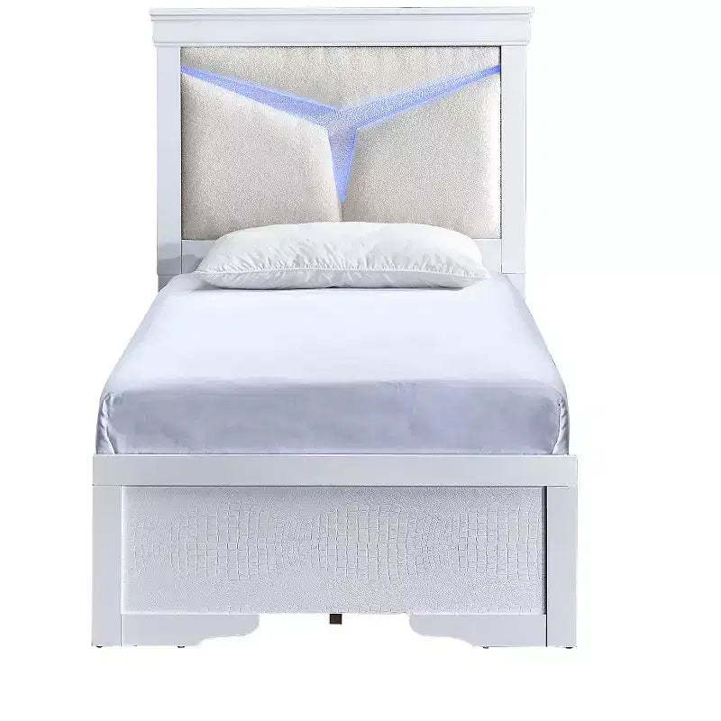 Passion Furniture Lorana Sparkling White Wood Frame Twin Panel Bed with LED Lighted Headboard