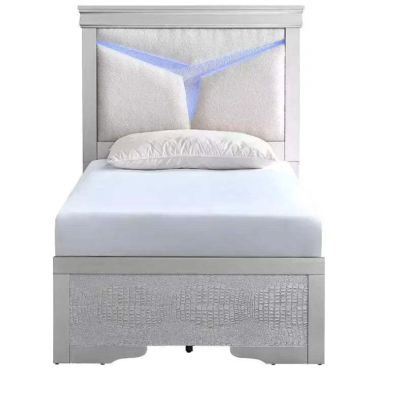 Passion Furniture Lorana Silver Champagne Wood Frame Twin Panel Bed with LED Lighted Headboard