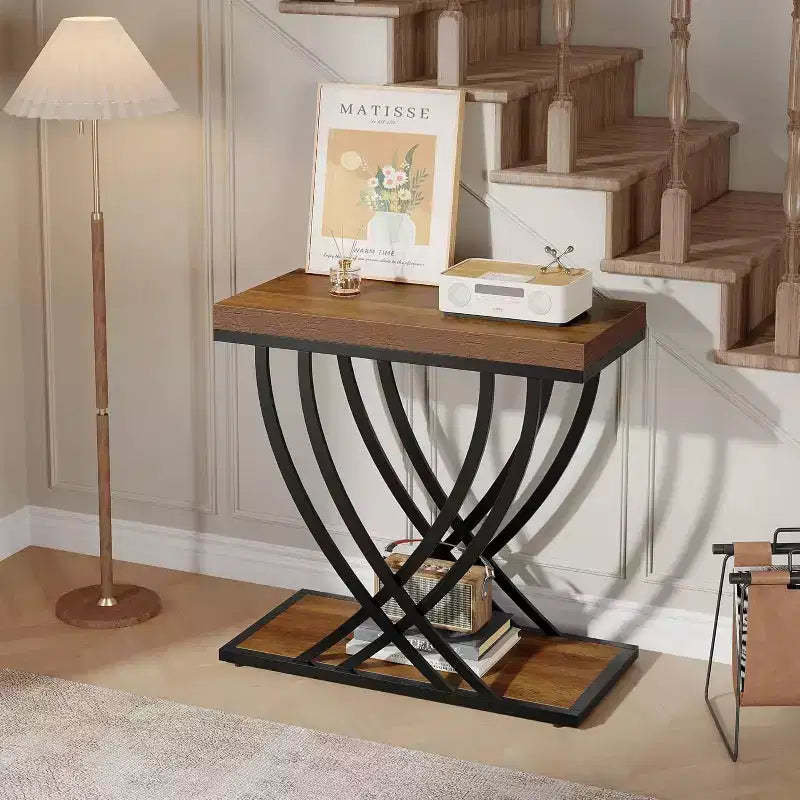 Lantine 2-Piece Side Table Set: Narrow 2-Tier Industrial End Tables with Metal Frame, Rustic Brown, Ideal for Living Room, Bedroom, Small Spaces.