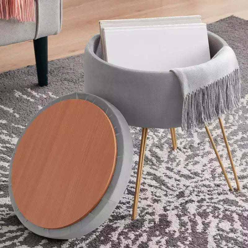 Ornavo Home Modern Round Velvet Storage Ottoman with Gold Metal Legs & Tray Top Coffee Table - Silver