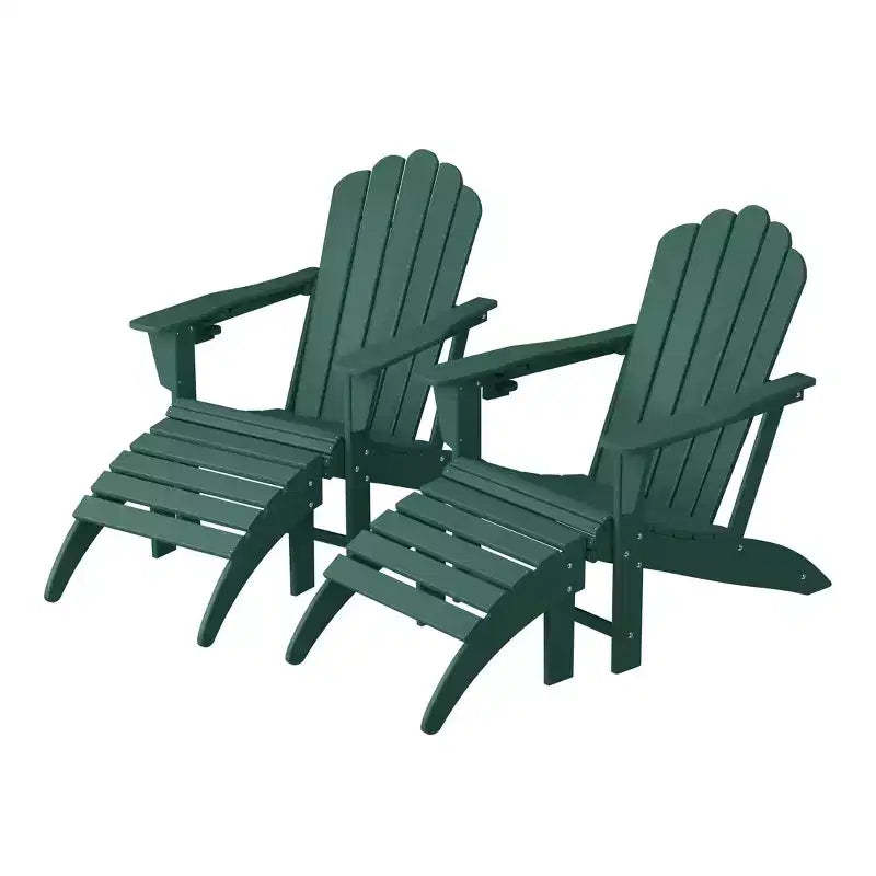 WestinTrends Highland 4-Piece Outdoor Patio HDPE Adirondack Chairs With Ottomans and Cup Holder Set, Dark Green