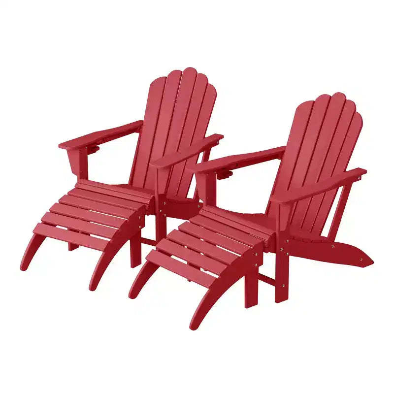 WestinTrends Highland 4-Piece Outdoor Patio HDPE Adirondack Chairs With Ottomans and Cup Holder Set, Red