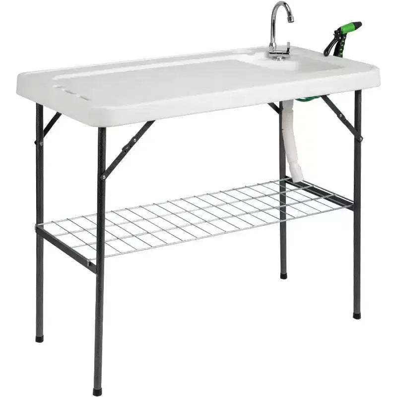 VINGLI Upgarded Folding Fish Cleaning Table with Sink, Portable Camping Sink Table with Grid Rack & Sprayer, Fish Fillet Cutting Table