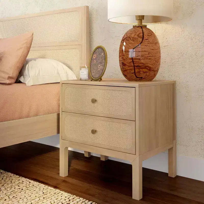 Elio Rattan 2 Drawer Nightstand with Brass Knob