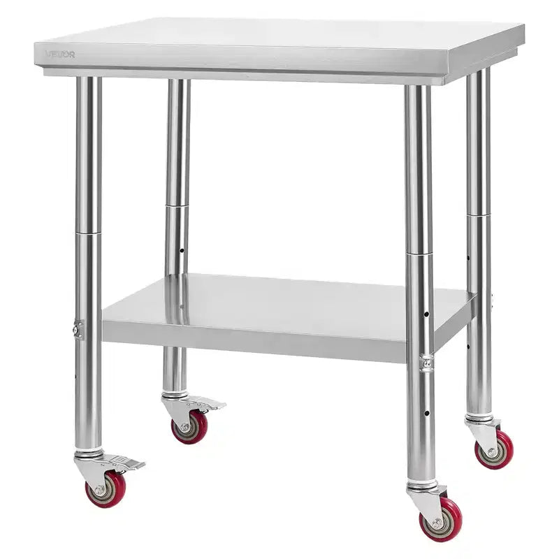 VEVOR Stainless Steel Table, 24 x 30 Inches Food Prep Worktable with Wheels, Kitchen Prep Table with Adjustable Undershelf Workstations ,Silver