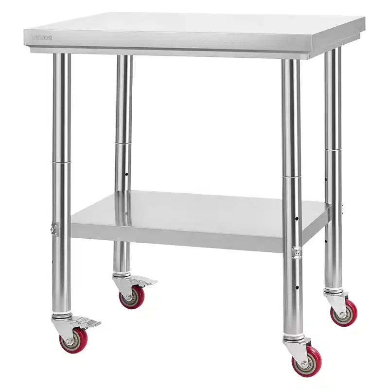 VEVOR Stainless Steel Table, 24 x 30 Inches Food Prep Worktable with Wheels, Kitchen Prep Table with Adjustable Undershelf Workstations ,Silver