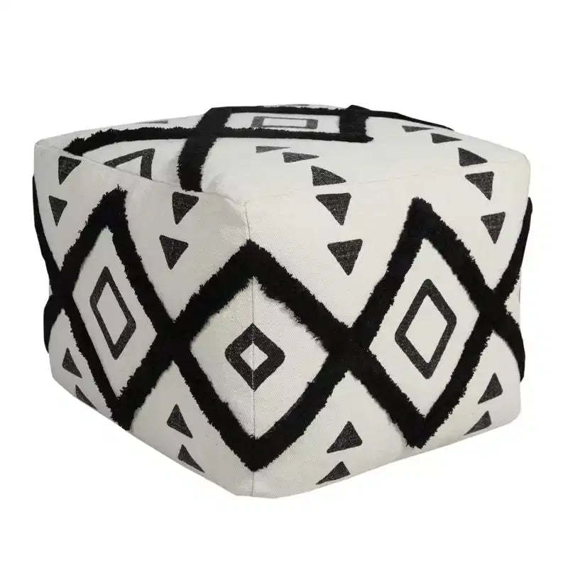 HomeRoots 18 White Cotton Geometric Pouf Ottoman