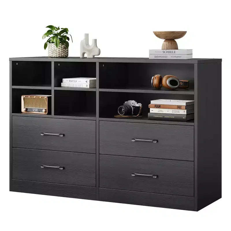 Dresser, Storage Cabinet  2 Pack Black 4 Drawer & 6 Shelf Organizer, TV Stand for 55 Inch TV, Wood Chest for Bedroom, Living Room, Entryway
